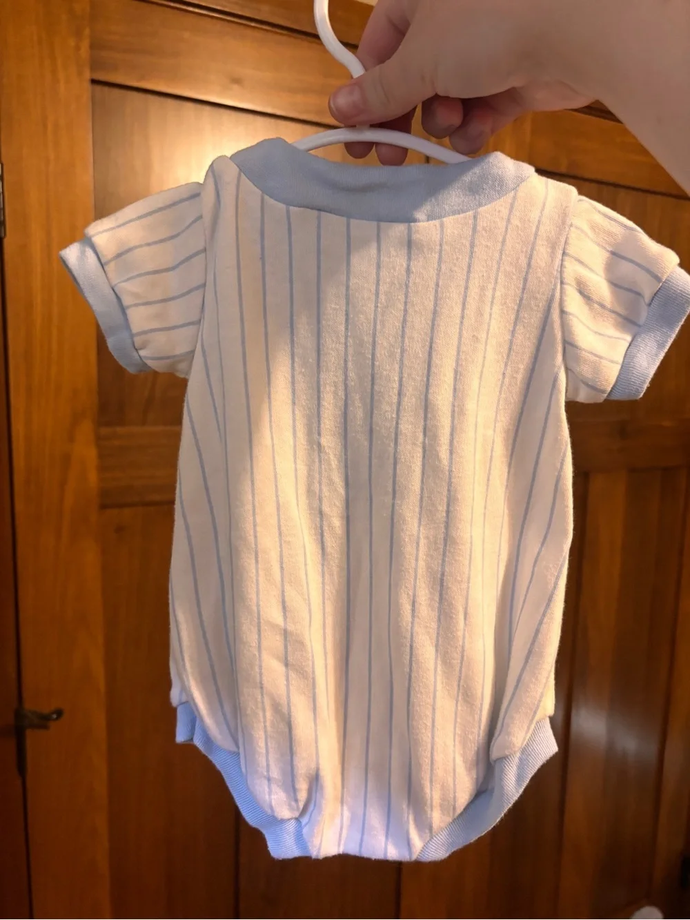 Vintage Half Moon Baby Baseball Bear Romper 3-6 Months Blue Pinstripe Sports One